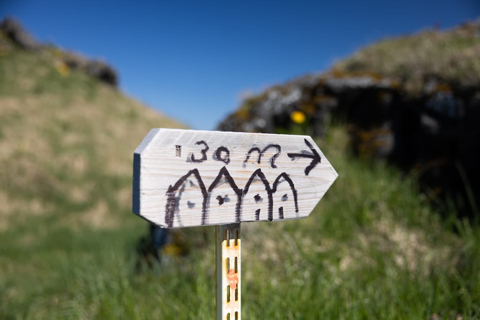 Hand-painted wooden signpost with tents drawn on it, pointing across a grassy Icelandic hillside