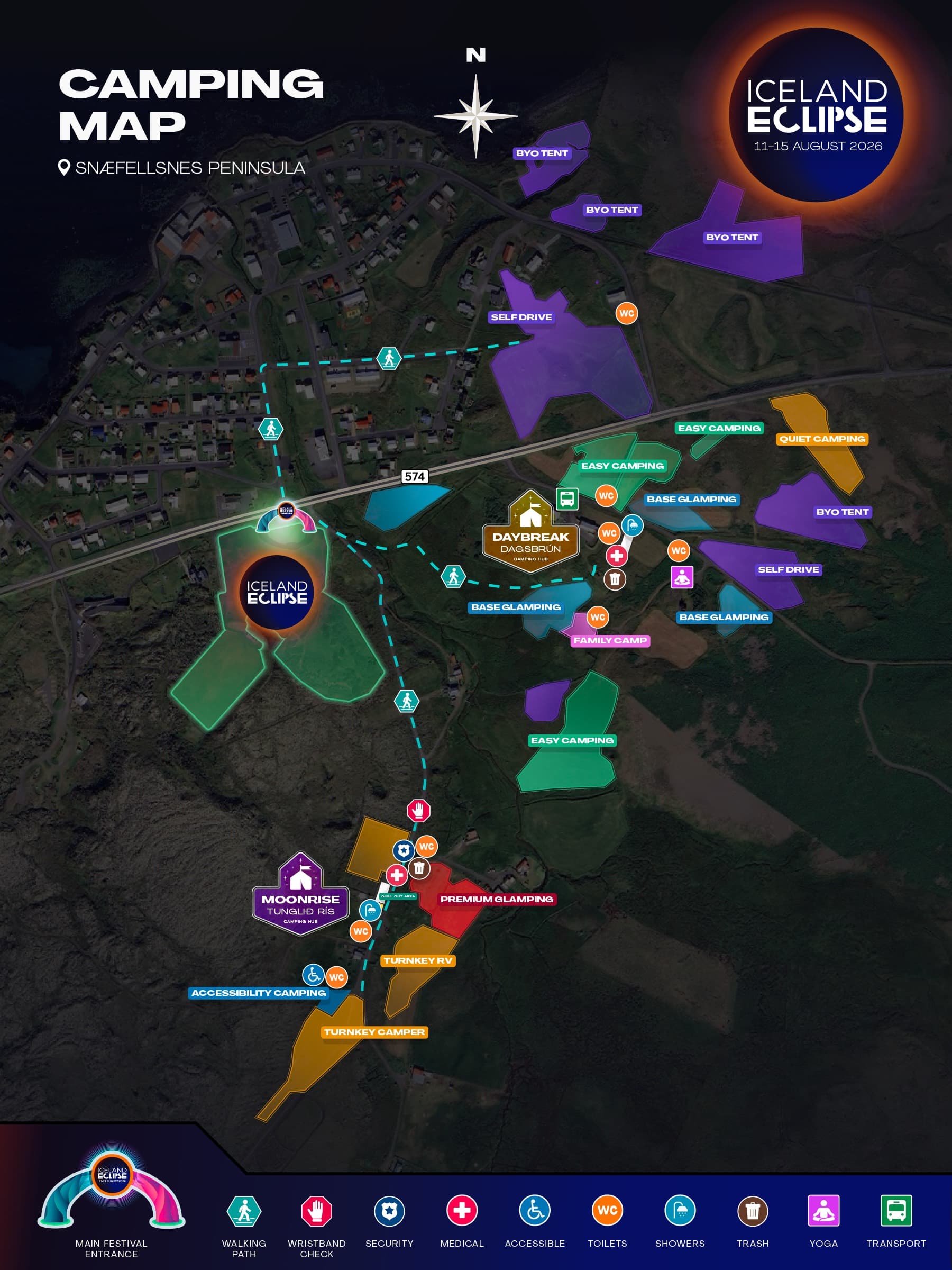 Campground map of the Iceland Eclipse site, showing the Daybreak and Moonrise camping areas